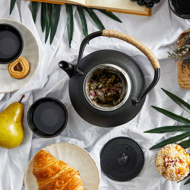 Cast Iron Tea Kettle for Stovetop - Japanese Tea Set with Warmer, Trivet,  Infuser and 4 Teacups, Hobnail Design (40 oz, Black, 6 Pieces) 