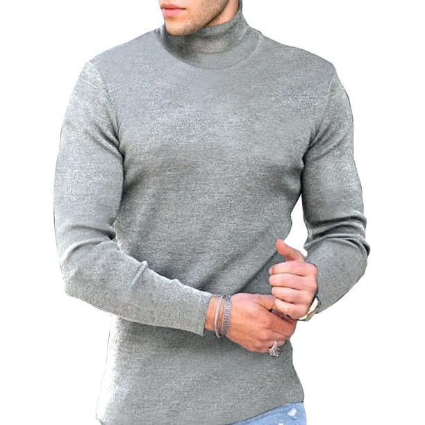 LUXUR Mens Tops Solid Color T Shirts Long Sleeve T-shirt Fashion Blouse  High Neck Pullover Gray 2XL 