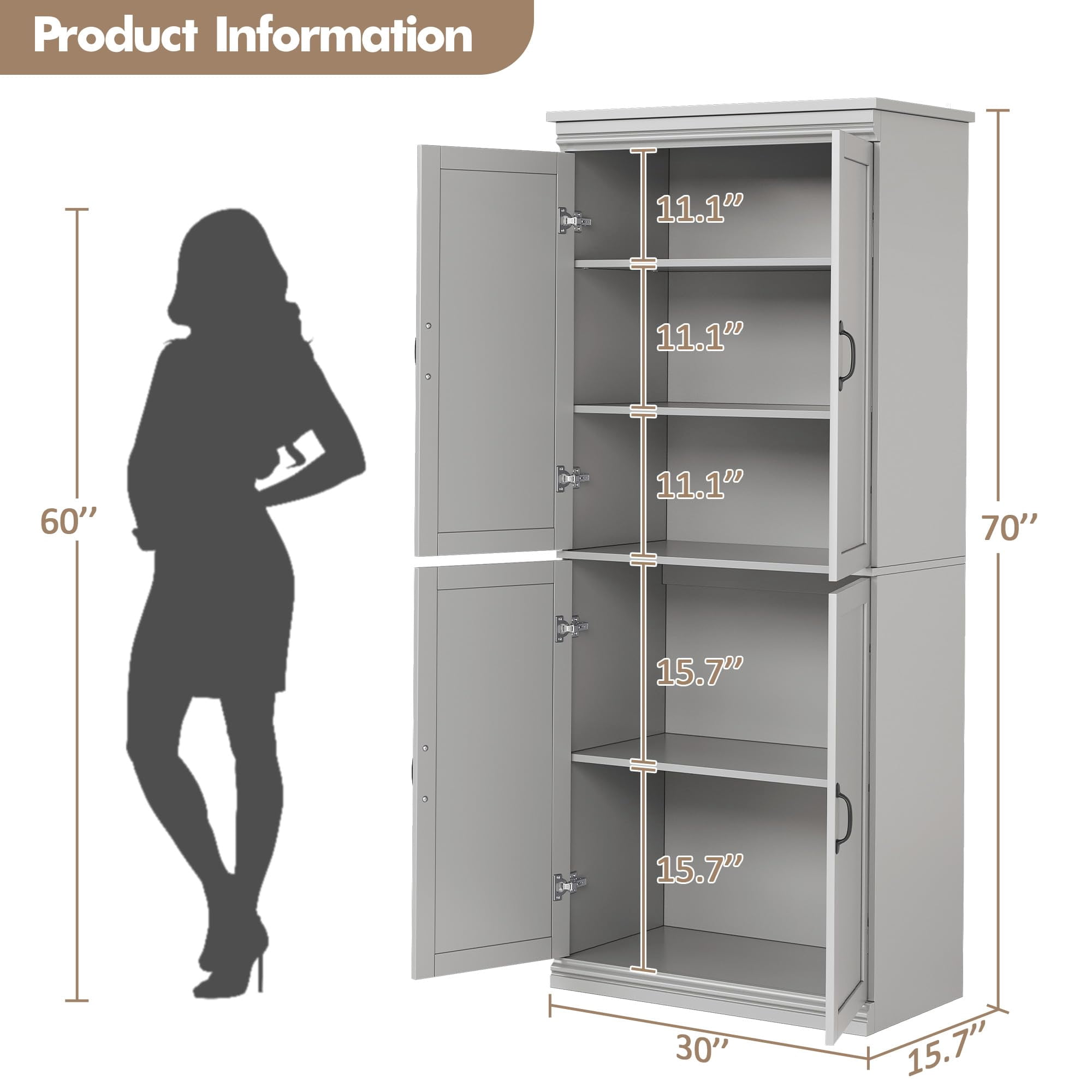 Danolapsi 70" Kitchen Pantry Cabinet,Freestanding Kitchen Pantry Storage Cabinet,Cupboard Tall Storage Cabinet with Doors and Adjustable Shelves, for Bathroom,Dining Room,Living Room