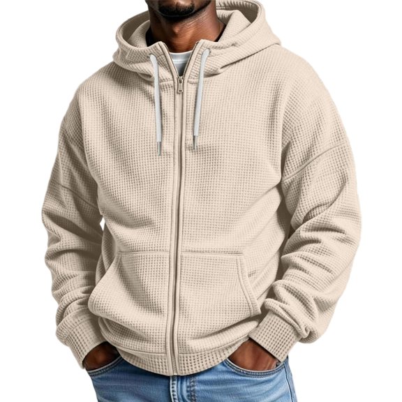 FENGYOU Mens Waffle Knit Zip Up Hoodie Long Sleeve Drawstring Hooded Sweatshirt Relaxed Fit Casual Full Zip Jacket Beige L