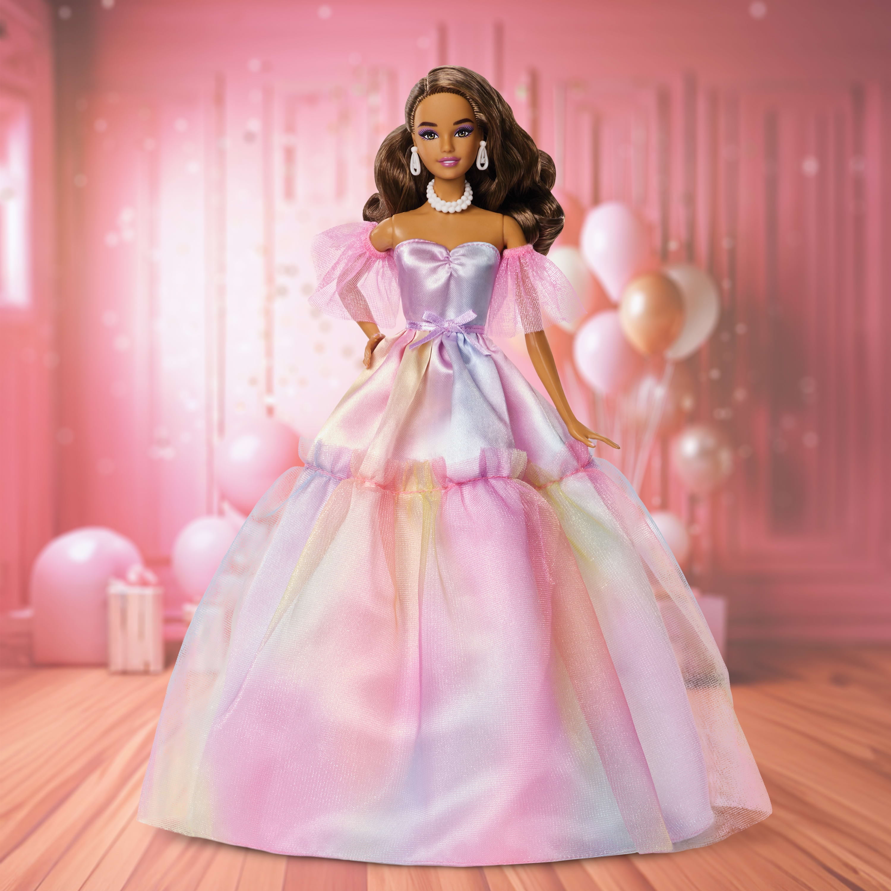 Barbie Signature Birthday Wishes Fashion Doll in Dress with Pastel Rainbow Effect, Collectible Gift