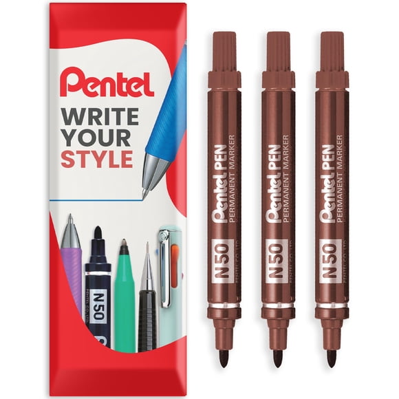 Rotulador permanente Pentel N50, fino, 4,3 mm, punta redonda, marrón, paquete de 3