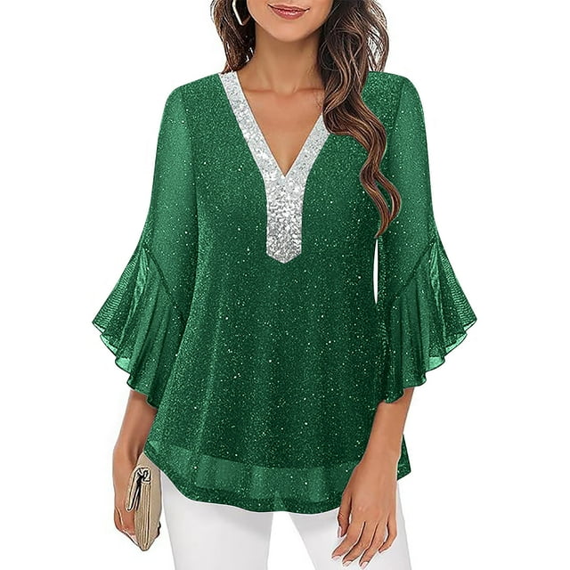 Ounisa Women's Ruffle 3/4 Sleeve Sparkly Tops Sequin V Neck Blouses Dressy Fall Shirts