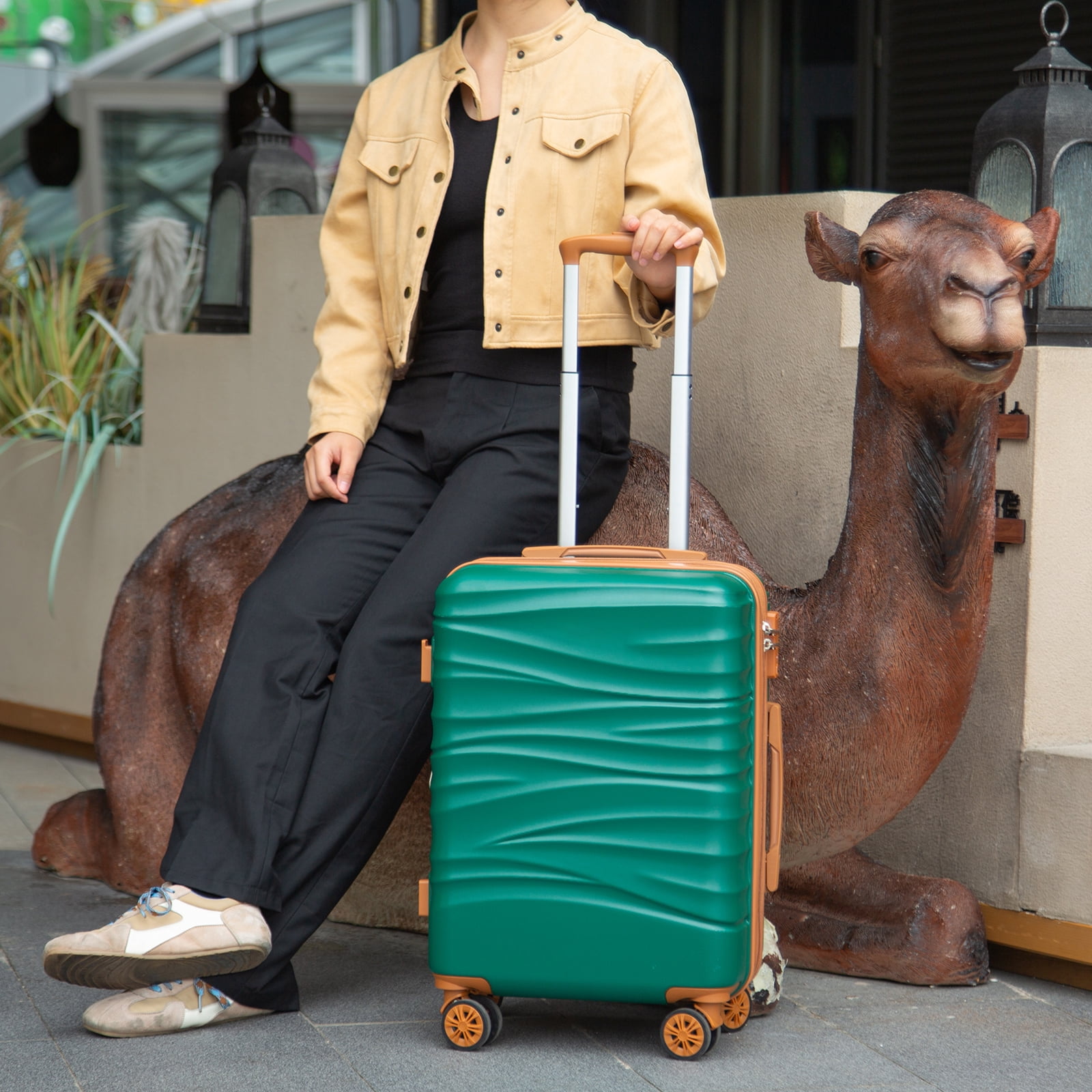 SUNSPIRE 26 Inch Checked Luggage Hardshell Medium Suitcase with Double Spinner Wheels, Scratch-Resistant Hardside Luggage with YKK Zipper Green