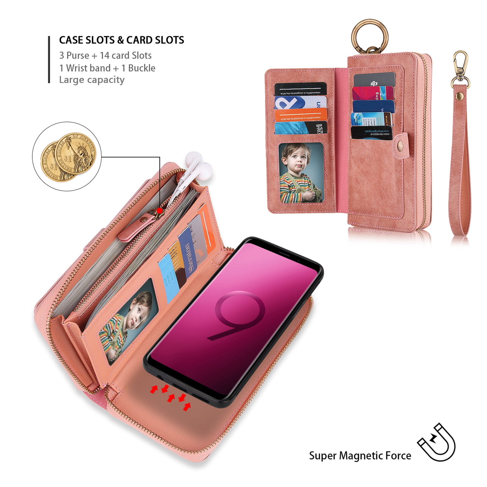 Galaxy S9 Plus Wallet Detachable Case, Dteck [wrist band][14 Card Slots] Zipper Purse Phone Case Multi-functional Folio Flip PU Leather Removable Magnetic Back Cover For Samsung Galaxy S9+,Pink