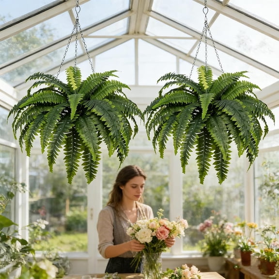 Large Artificial Boston Fern for Outdoors - UV Resistant Fake Ferns for Porch & Hanging Baskets, 28/38/60/88 Fronds Lifelike Faux Boston Fern Bundles, No Fade Outdoor Plants, No Pot (1, 28-Leaf)