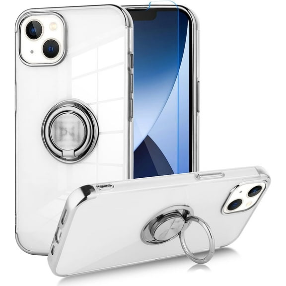 Clear Case for iPhone 14 Plus with Screen Protector, Plating Built-in 360 Rotation Magnetic Ring Kickstand Holder Soft Slim Shockproof Bumper Protective Cover-Silver
