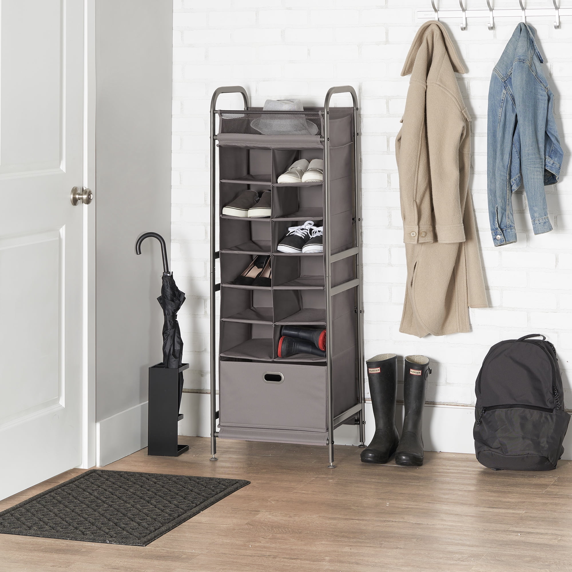 Neatfreak Vertical 12 Cubby Silver Shoe Rack and Organizer with 1 Drawer, Freestanding, Metal and Fabric