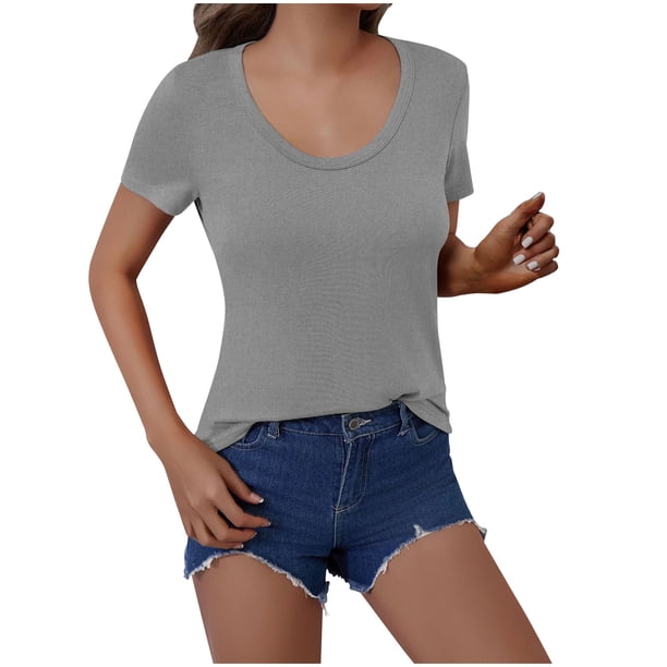 Camisetas Casuales de Mujer Nueva Camiseta de Manga Corta de Cuello U de Color Sólido de Verano, Poliéster