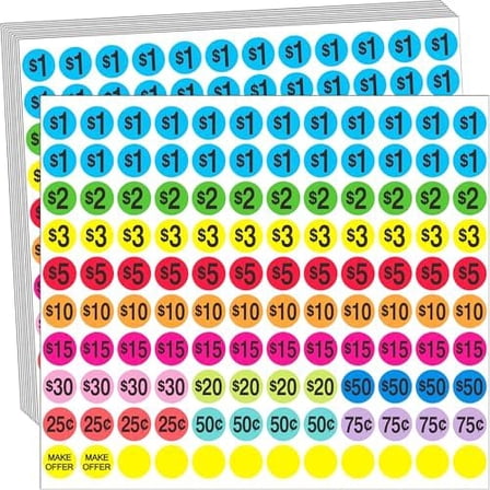 Garage Sale Price Stickers, 2040 Pieces Yard Sales  3/4 Inch Round Price Tags Labels, Multiple Denominations, Bright Colors$$Office