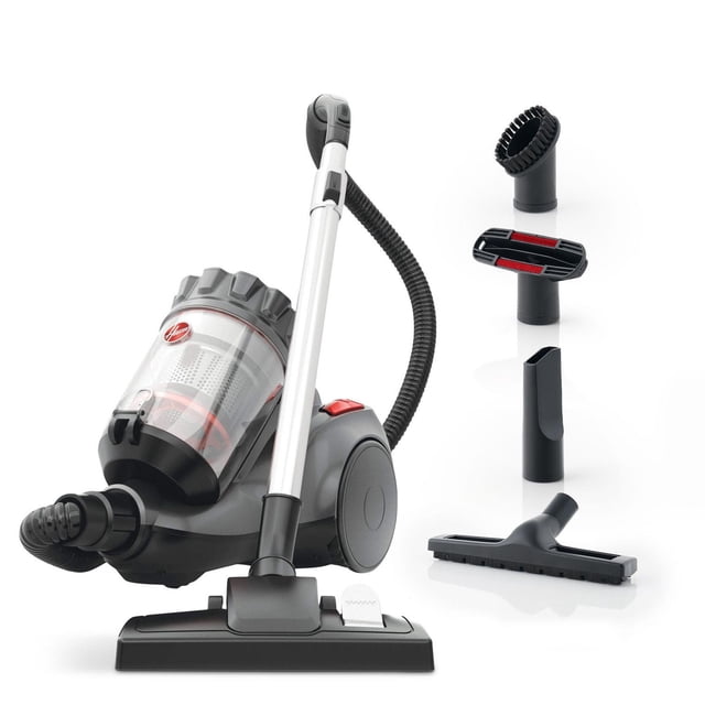 Hoover multi-surface bagless canister vacuum cleaner with transparent dust container and four detachable cleaning tools for versatile floor care.