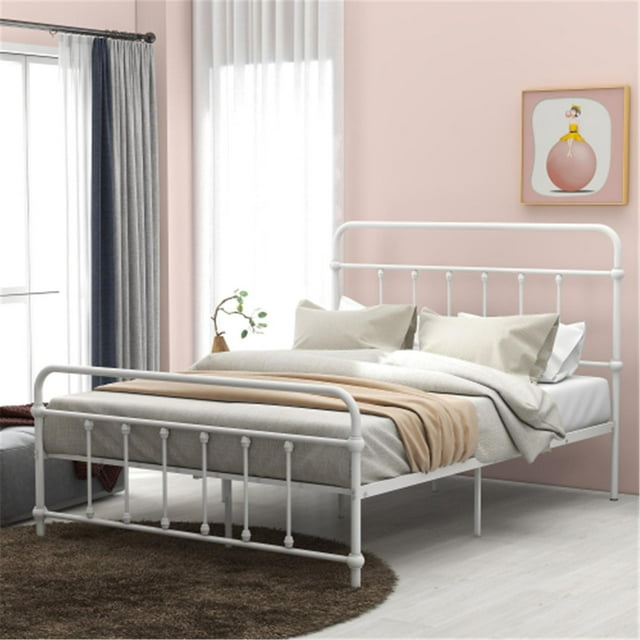 Full Size Metal Bed Frame with Headboard and Feetboard, No Spring Box Needed, White
