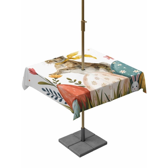 Easter Bunny Eggs Outdoor Tablecloth - 54x54 Inch Square Dining Table Cover, Spring Tulip Daisy Flowers Leaves Country Waterproof Outdoor Table Cloth with Umbrella Hole & Zipper for Picnic/Patio