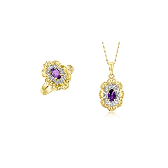 RYLOS Matching Set Yellow Gold Plated Silver Floral Halo Design: Pendant Necklace & Ring. Gemstone &  Diamonds, 18" Chain. 6X4MM Amethyst February  Birthstone; Size 5