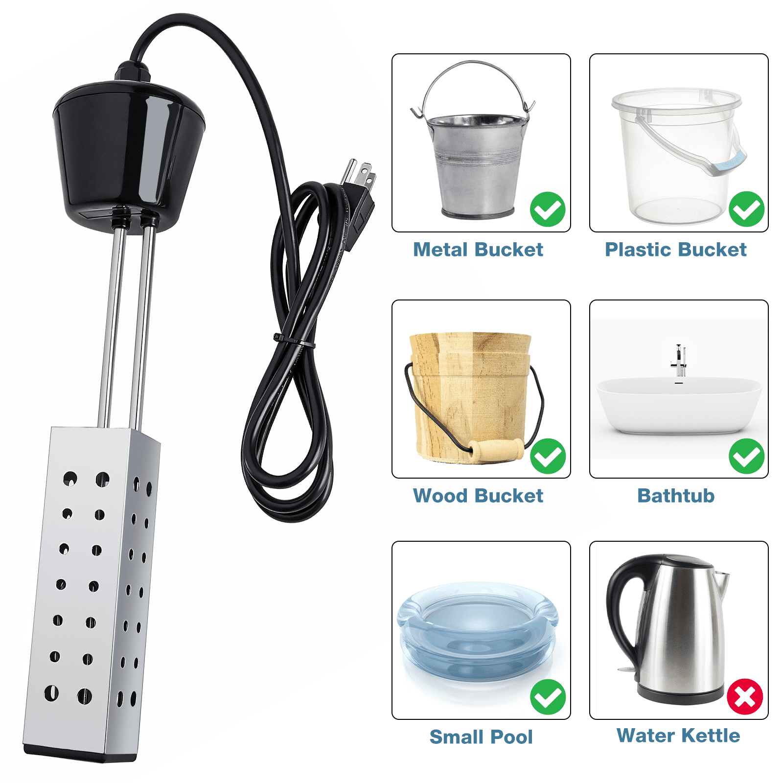Buy 1500W Immersion Heater, Electric Bucket Water Heater with Floating