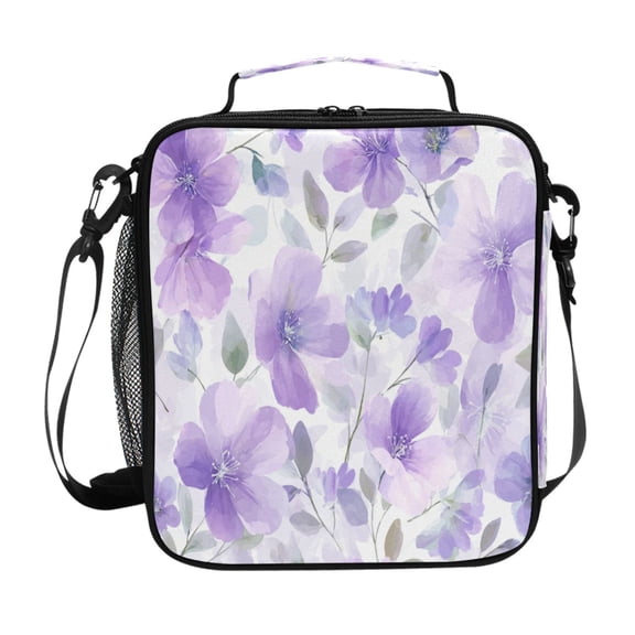 Light Purple Florals Insulated Lunch Bag Reusable Lunch Box Lunch Container with Straps