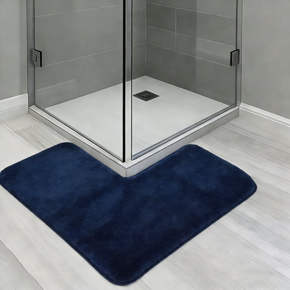 Tripumer L-Shaped Bath Mat Bathroom Floor Rugs Corner Shower Mat for Square Shower bathroom Navy Blue