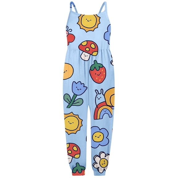 VNKIDY Kids Boys Girls Jumpsuit With Cartoon Print Sleeveless Spaghetti Strap Loose Fit Overalls For Casual Daily Wear Blue 5-6 Years