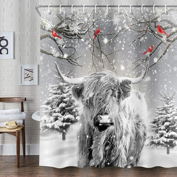 Winter Christmas Shower Curtain, Funny Highland Cow Snowflake Scene Shower Curtains for Bathroom, Cardinals Bird Pine Tree Covered Snow Fabric Bath Curtains Set with Hooks, 69x70 Inches
