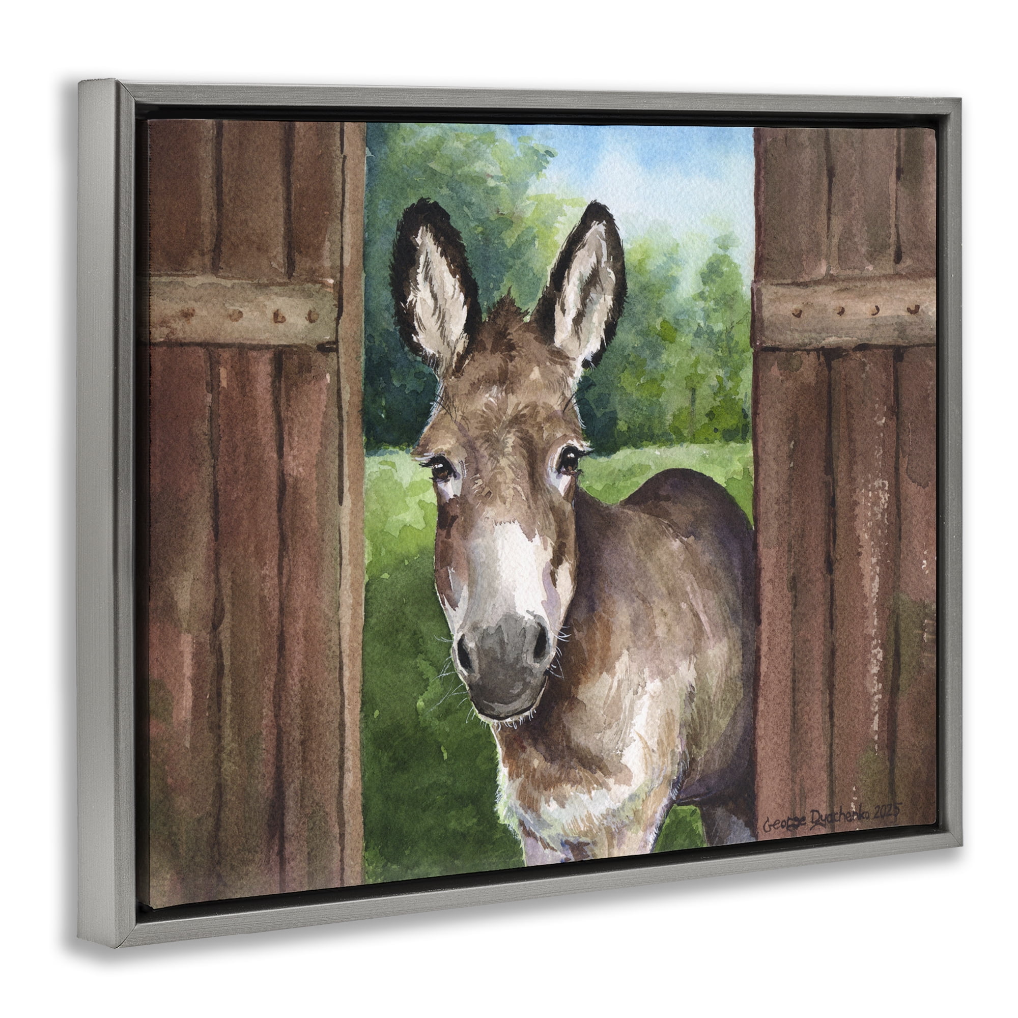 Stupell Industries Donkey in Wooden Gate Gray Framed Floater Canvas Wall Art, design by George Dyachenko