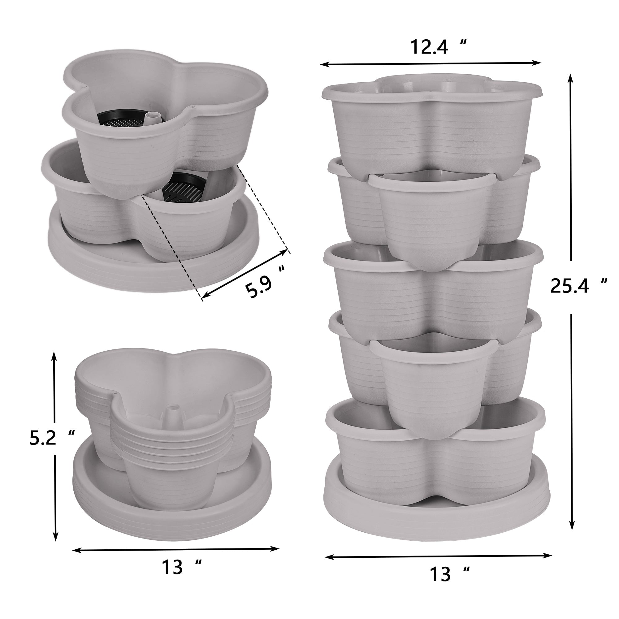 VECELO Stackable Planters 5 Tier Vertical Gardening Planter, Stackable Garden Tower Indoor Outdoor Pot For Strawberries, Flowers, Herbs, Vegetables With Removable Wheels, Gray