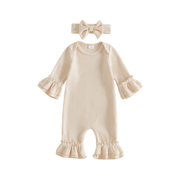 Cenuakty Baby Girls Fall Outfits Cute Solid Color Long Sleeve Romper and Headband