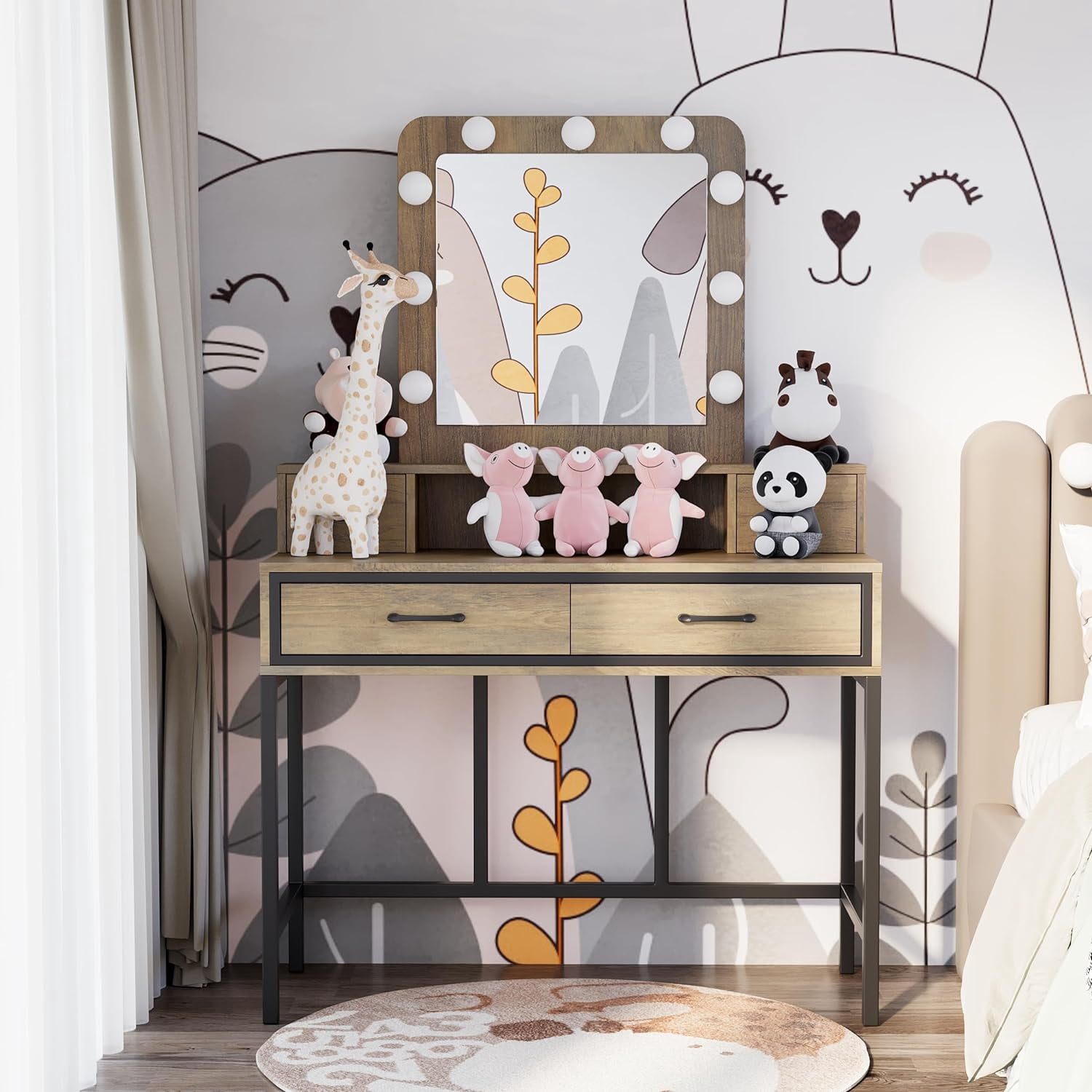 Cozy Home Vanity with Mirror and Lights, 40" Large Dressing Makeup Vanity Table with 4 Drawers, 3 Color Lighting Modes & 10 Brightness, Dressing Table with Metal Frame for Bedroom, Brown