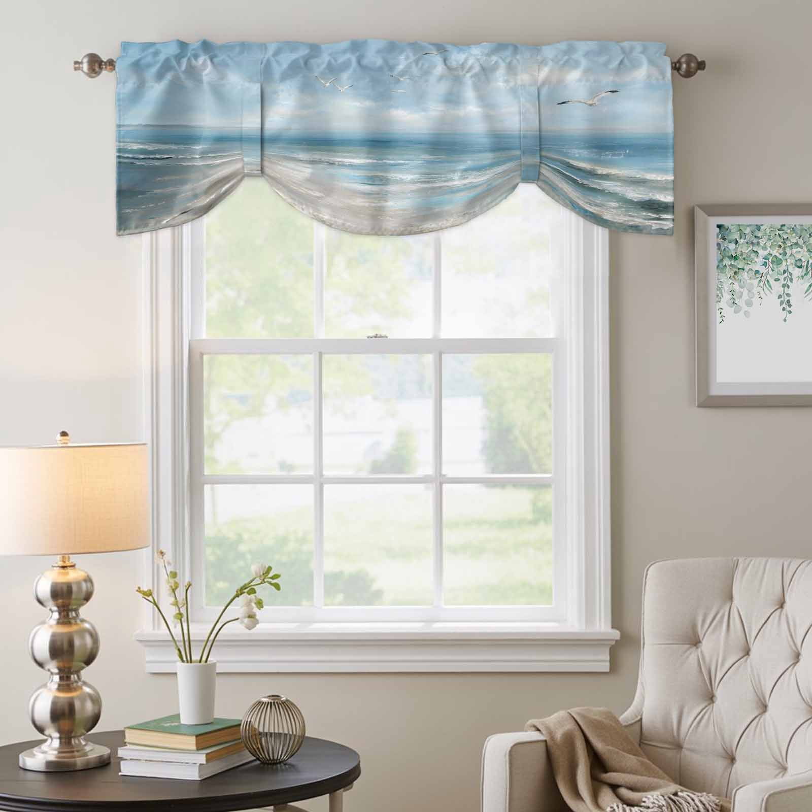 Ocean Tie Up Valances Curtain, Adjustable Kitchen Summer Beach Seagull Oil Painting Coastal Valances for Windows Decor, Rod Pocket Short Curtains Set for Bedroom/Bathroom, 60"x18"