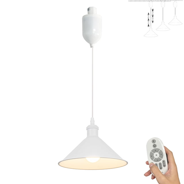 FSLiving J-Type Track Lighting Pendant with Smart Remote Group Control,Retractable Lift Kitchen Island Light Retro 10.2" White Cone Shade, Stepless Dimming & Color Changing - 1 Light