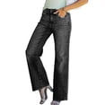 thumbnail image 1 of Las mujeres pierna recta ancha Pantalones elástico de mediana altura bolsillos laterales con cremallera abotonada pantalones cómodo negro S, 1 of 8
