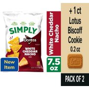 Simply Doritos White Cheddar Nacho Flavored Tortilla Chips 7.5 oz - Pack of 2 & Lotus Biscoff Cookie - 0.2 Oz - 1 ct