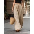 thumbnail image 4 of Women Elastic Drawstring High Waist Solid Textured Loose Full Wide Leg Pants Flowy with Pockets Khaki L, 4 of 10