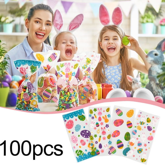 ZhyrZng Easter Treat Bags for Party Favors - Clear Cellophane Candy Pouches with Twist Ties featuring Bunny Egg Design for Holiday Snacks & Classroom Gifts with Durable Plastic Material