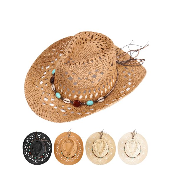 Gustave Straw Cowboy Hat for Men Women Western Cowgirl Sun Hat Shapeable Wide Brim Hollow Out Summer Beach Hat with Decorative Band - Coffee