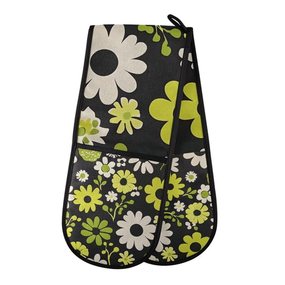 Yayeee Double Oven Mitt Kitchen Heat Resistant Baking 35" x7" Quilted Glove, Green Flower Pattern