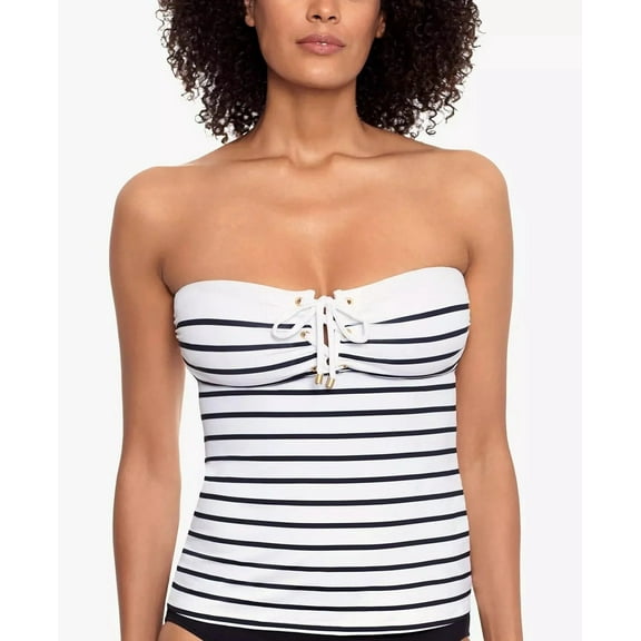 Ralph Lauren WHITE Striped Tummy-Control Tankini Swim Top, US 14