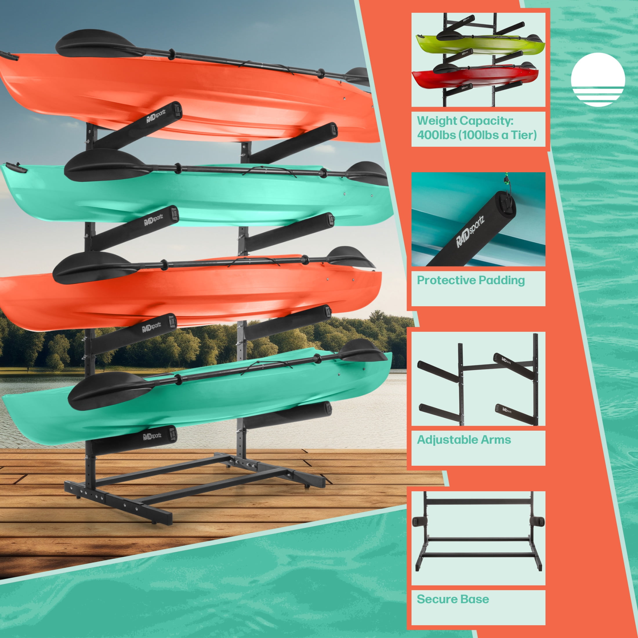 RAD Sportz Kayak Storage Rack - 4-Level Freestanding Adjustable Stand with Padded Arms and 400lb Capacity for Canoes, SUP, or Paddleboards - Black