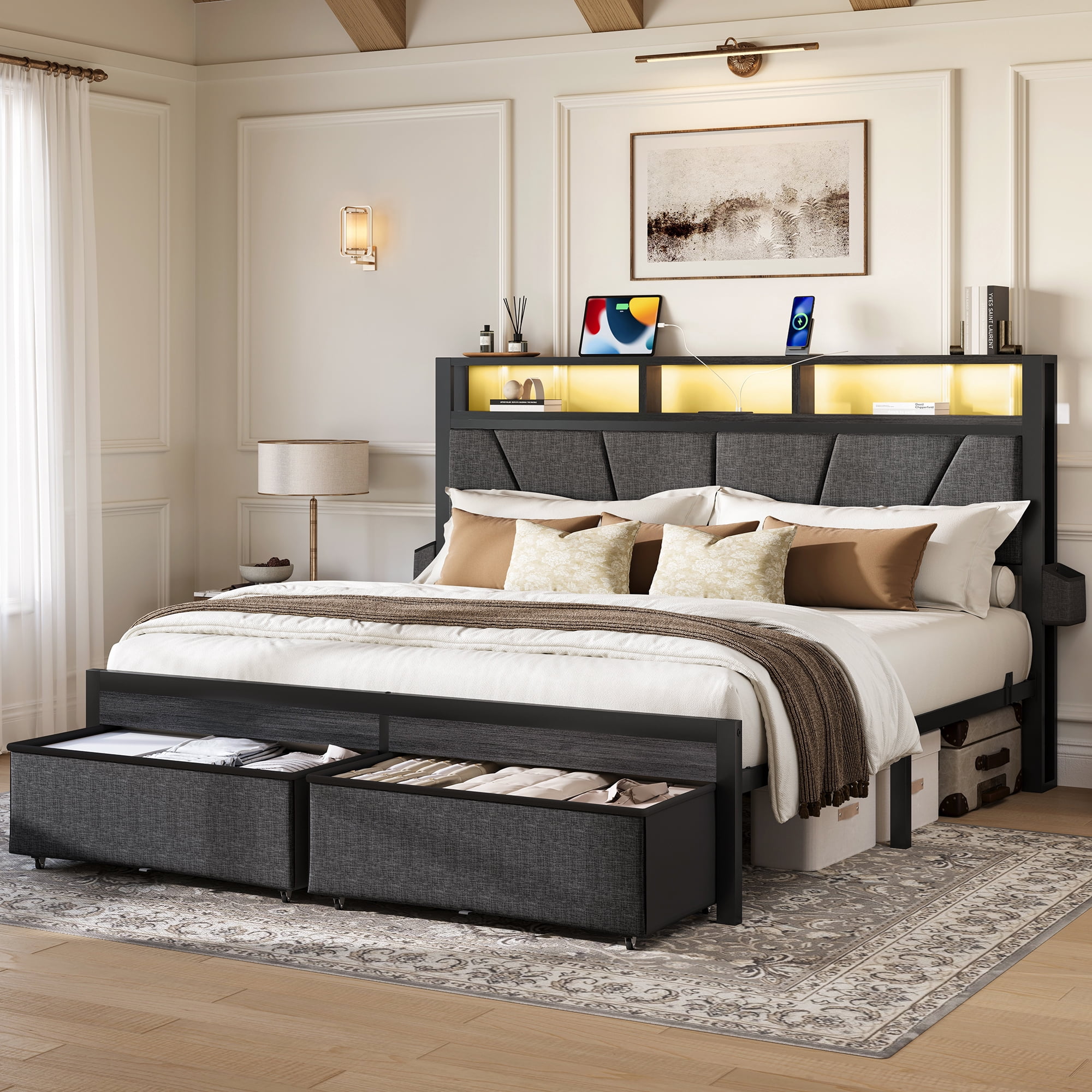 Full Size Bed Frame With Upholstered Headboard & Storage Drawers, Platform Bed With Led Lights & Charging Station, Black