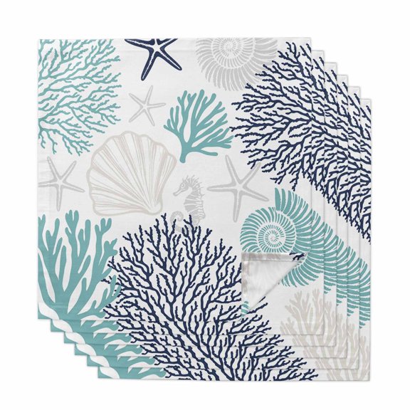 Teal Blue Grey Coastal Cloth Napkins, Summer Beach Coral Shell Starfish Washable and Reusable Dinner Napkins Set of 6, Table Napkin for Kitchen Party Birthday Wedding Hotel Housewarming 20"x20"