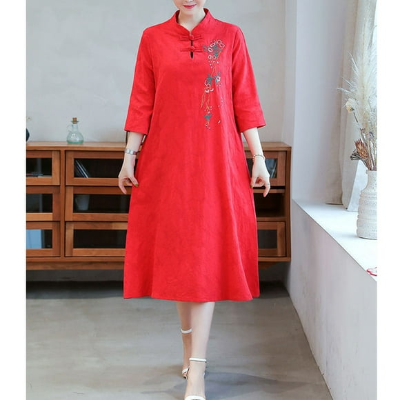 Lindbes Women Clothing 2024 Chinese Style Vintage Embroidery Elegant Dresses Stand Collar Long Sleeve Loose Cotton Linen Midi Dress Robe