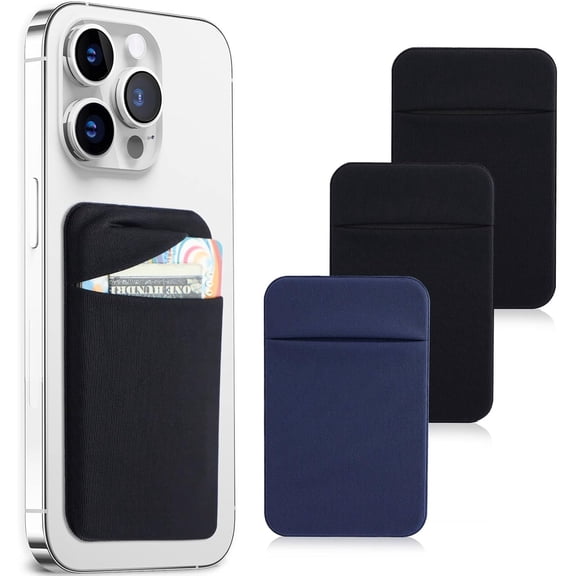 3 Pack Stretchable Phone Card Holders - Self-Adhesive Stick-On Wallet Pouch with Flap, for Back of Phone, Credit Card/ID Holder, Fits iPhone/Samsung Galaxy - 2 Black 1 Navy Blue