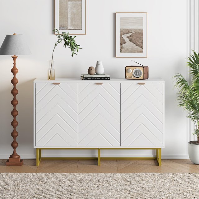 Buffet Moderne d'Appoint avec Rangement, Armoire de Rangement d'Accent en Bois 32 Pouces/47 Pouces avec Portes en Chevrons et Tablette, Crédence Console pour Salle à Manger, Salon, Entrée