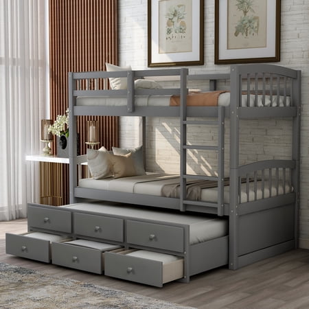 CLEARANCE! Twin Bunk Bed with Ladder  Safety Rail  Twin Trundle Bed with 3 Drawers for Bedroom  Guest Room Furniture(Gray)