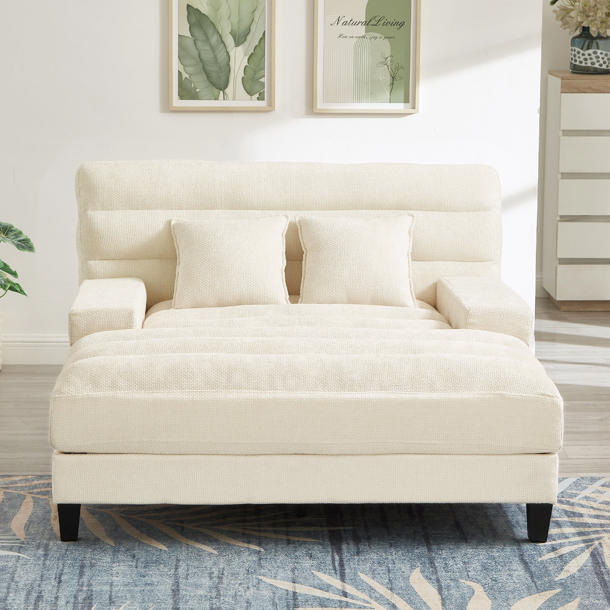 Euroco Modern Chaise Lounge Sofa 57.1" Sofa Bed Chenille Upholstered Lounge Sofa Chair with Adjustable Backrest and LED Light Strip for Living Room, Beige