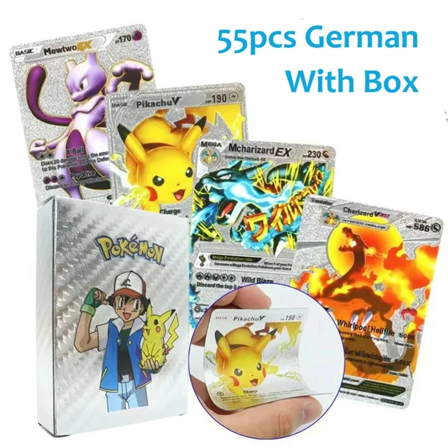 Cartas de Pokémon de Metal dorado y negro, Vmax GX, caja de cartas, Mewtwo, Charizard, Pikachu, Colección rara, tarjeta de entrenador de batalla, juguetes para niños, regalo