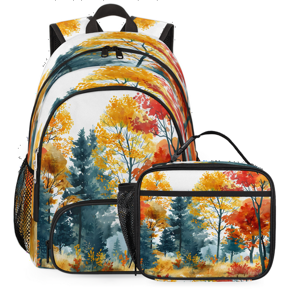 Herdesigns Autumn Forest Tree Large Backpack Set with Lunch Box Lightweight Water Resistant Travel Laptop Backpacks Casual Daypacks for Women Men