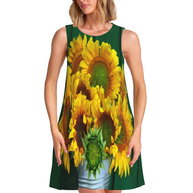 Disketp Sunflowers in Bucket para Vestido sin Mangas para Mujeres, Vestidos de Verano para Mujeres, Casual y Holgado para la Playa