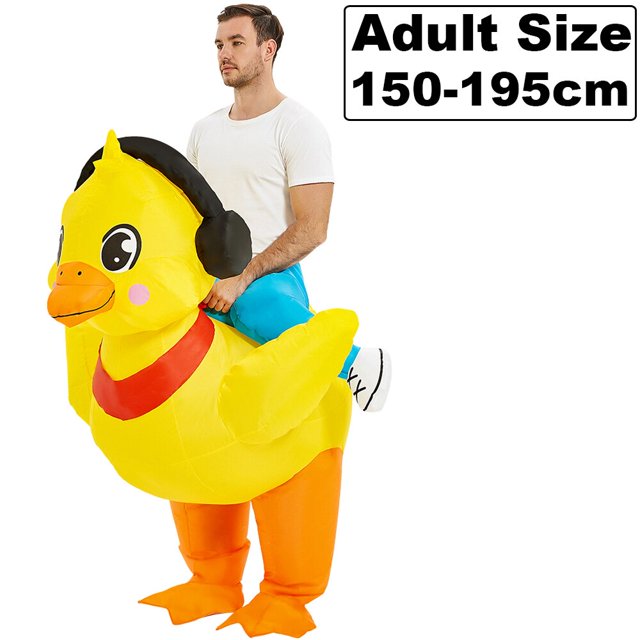 disfraces inflables de pato, vaquero, caballo, mascota de anime, juego de rol de lujo para adultos — adulto (150–195 cm) en vista frontal con disfraz inflable de pato amarillo de cuerpo completo, patas naranjas, pico naranja, mejillas rosadas, collar rojo y auriculares negros; incluye ventilador y funda de batería (pilas no incluidas). adecuado para fiestas de Halloween y cosplay; también suele usarse para sesiones fotográficas temáticas y entretenimiento en eventos.