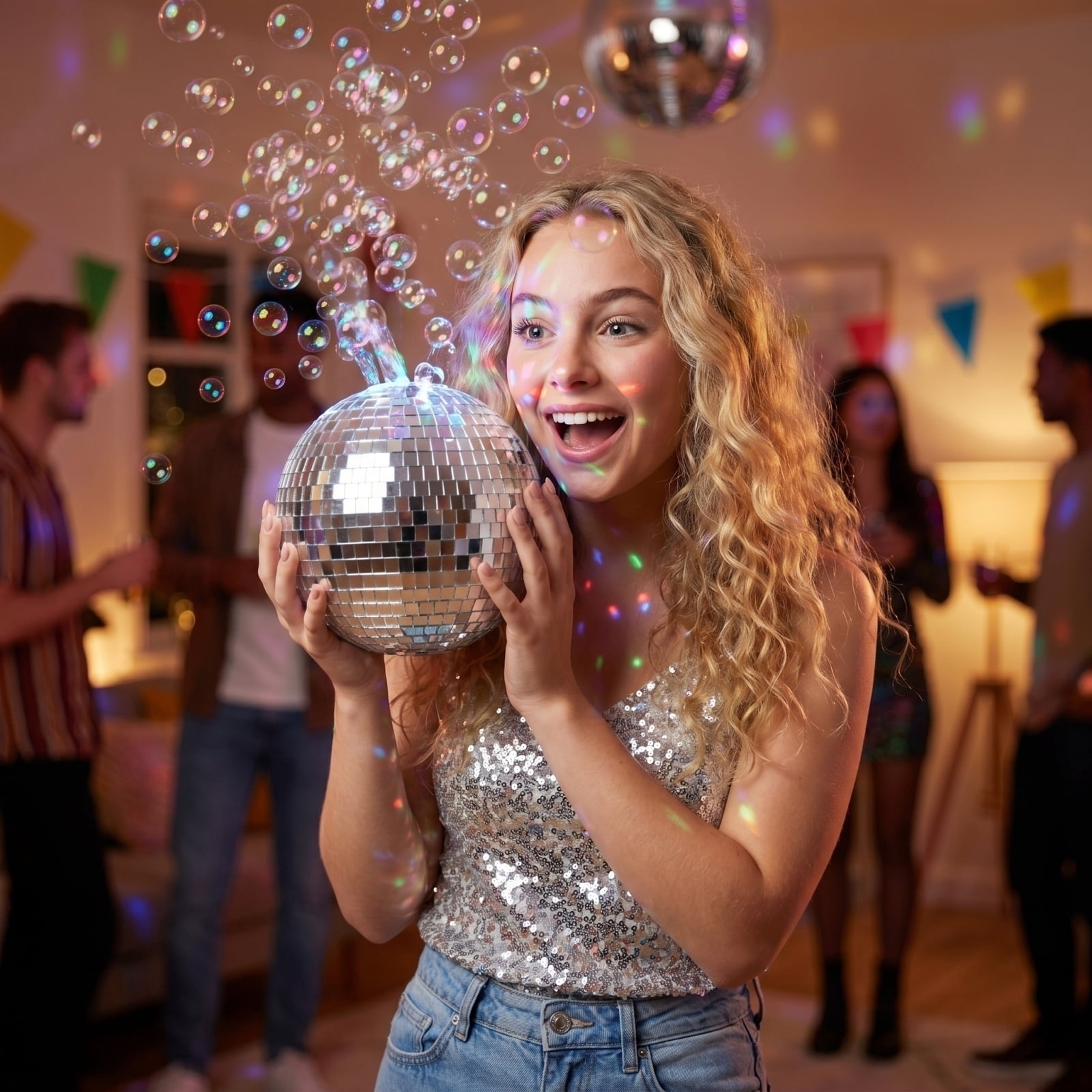 Disco Ball Bubble Machine with LED Lights Automatic Bubble Blower for Parties Outdoor Events and Celebration Decorations Includes 50ml Bubble Solution (Silver)