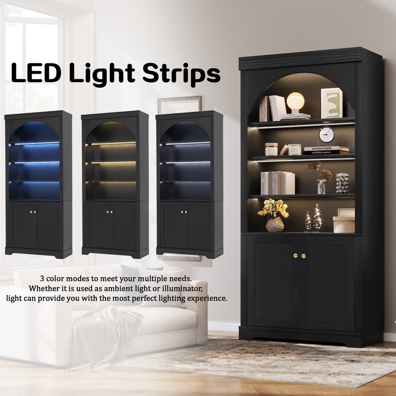 2-Door Wooden Display Bookshelf Office Hutch, Bookcase with 4-Layer LED Lighting Shelves, Storage Cabinet with Adjustable Shelf